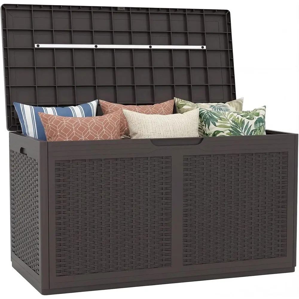 

100 Gallon Lockable Outdoor Storage Bench with Wheels, Rattan Surface, Waterproof Resin Deck Box for Patio, Garden, and Poolside