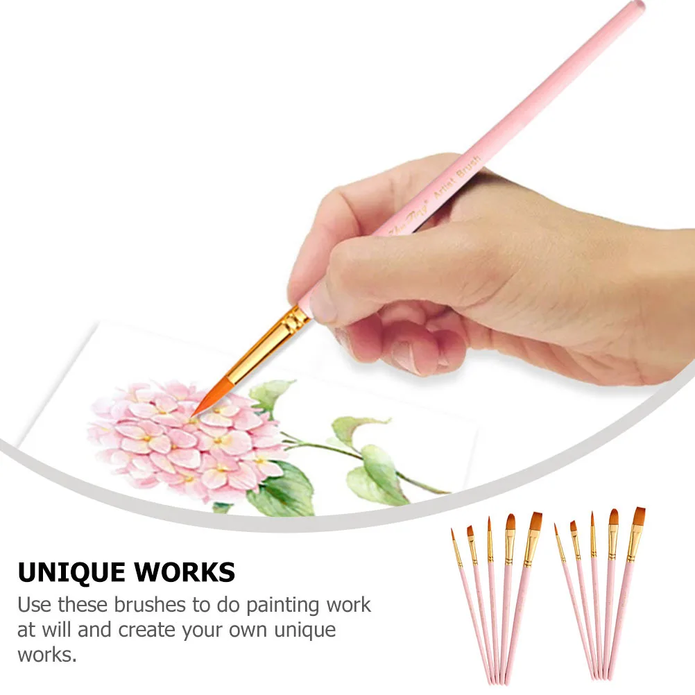 

10 Pcs Art Drawing Brush Professional Paintbrush Nylon Hair Artist Painting Watercolor Practical Gouache Oil Wooden Handle