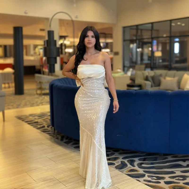 

KEXU 2025 Fashion Sequined Patchwork Slash Neck Women's Long Dress Sexy Back Big Bow Night Party Evening Bodycon Prom Dresses