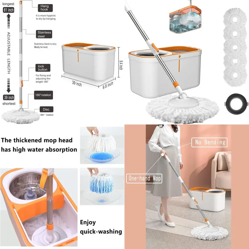 

Набор для уборки: швабра с удлиненной ручкой из нержавеющей стали, ведро и отжим – 61 для домашней уборки, 5 сменных насадок и щетка в комплекте