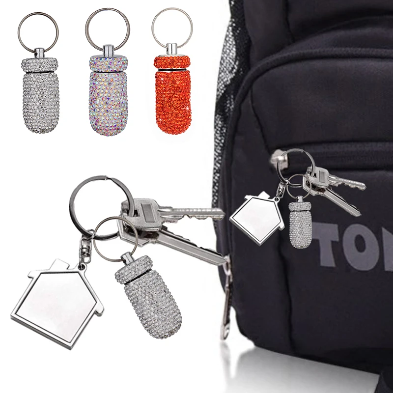 Mini Pill Bottle Keychain Full Rhinestone Aluminum Alloy Pill Storage Cases Portable Medicine Organizer Storage Containers