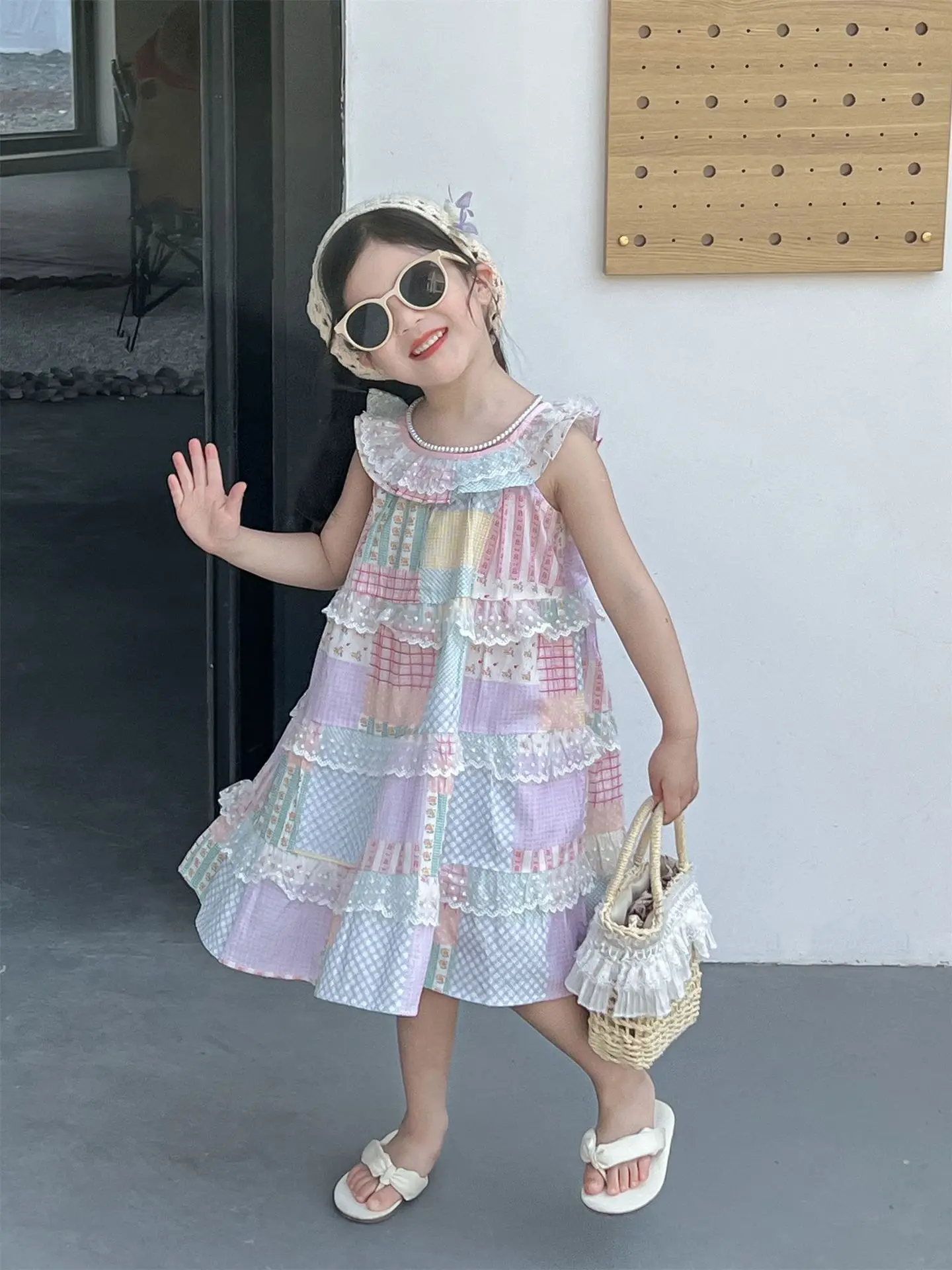 

Korean Children's Clothing Girls Summer Lotus Leaf Collar Color Matching Suspender Colorful Lace Vacation Dress Princess Cake