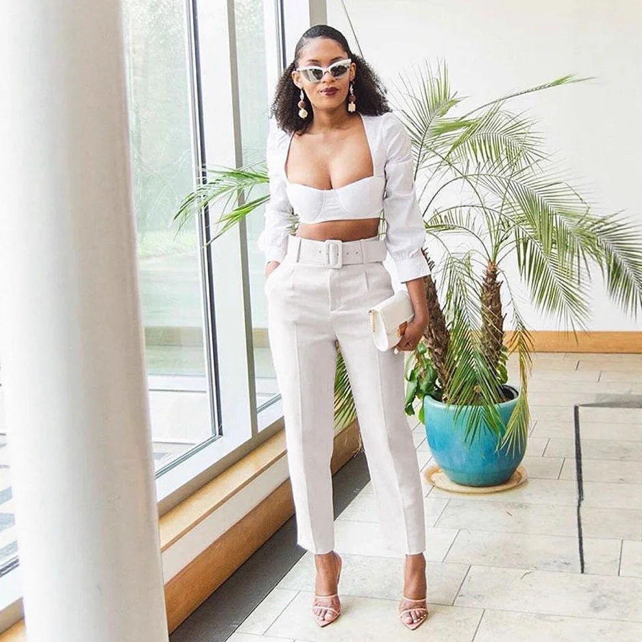 여성용 하이웨이스트 지퍼 플라이 앵클 팬츠 (벨트 포함), 오피스룩 바지, 사이드 포켓, 여성 패션