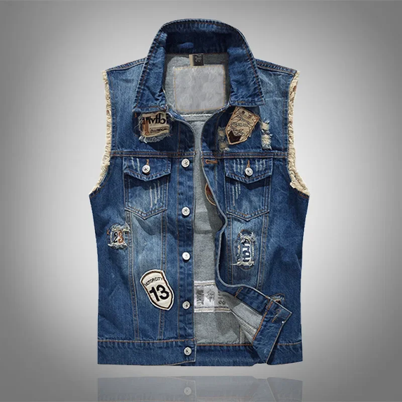 Men Patched Denim Waistcoats Vests Jackets New Fashion Male Fit  Coats  High Street Wear Holes Jeans  Size S-5XL