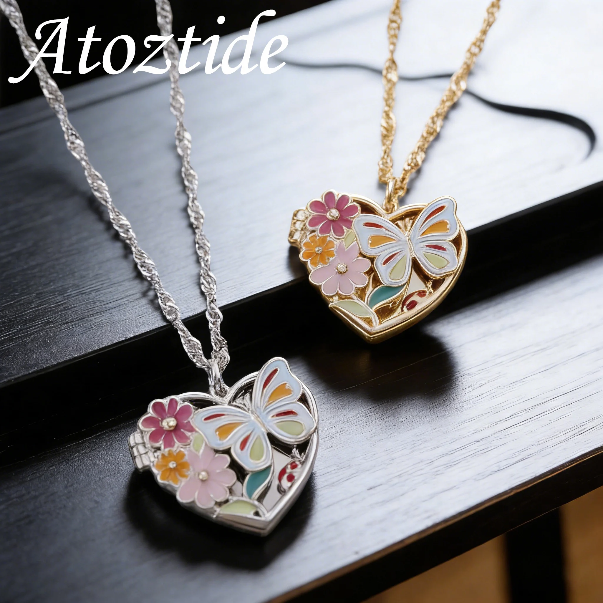 Atoztide Custom Photo Album Necklace For Women Alloy Copper Hollow Color Butterfly Pendant Picture Locket Personalized Gift