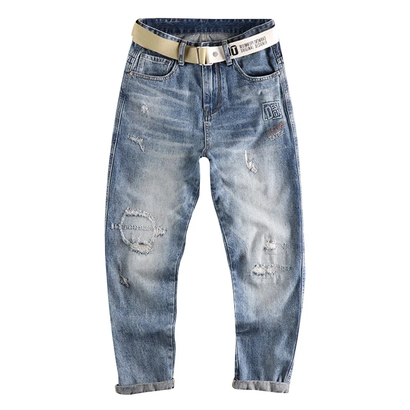 Calça jeans masculina com nine washed, calças retas masculinas para primavera e verão, nova moda europeia e americana com nove pontos