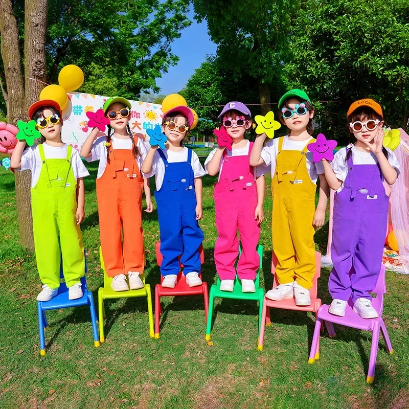 Jungen Hip Hop Lose Bunte Overalls Mädchen Patchwork Latzhose Kinder Candy Farbe Overall Street Dance Strampler Kinder Streetwear