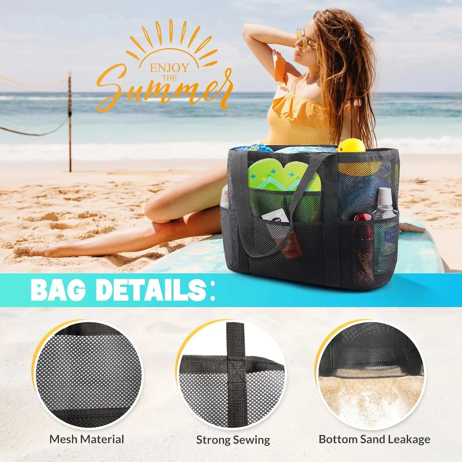 Mesh Beach Bag Large Initial Tote Bags Reusable Grocery Bags Foldable for Women Pool Swim Travel Vacation Essentials