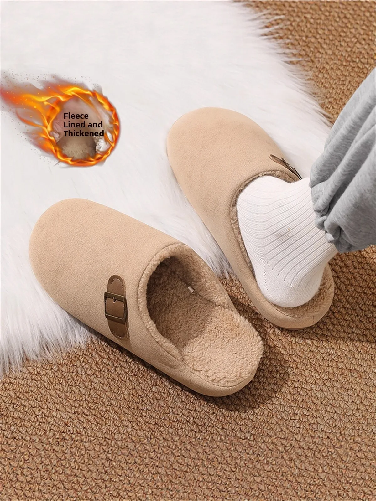 Men's Winter Fleece Lined Slip-On Slippers Indoor Home Wearable Anti-Slip Soft Bottom Birk-style Cotton Shoes Casual Slipper