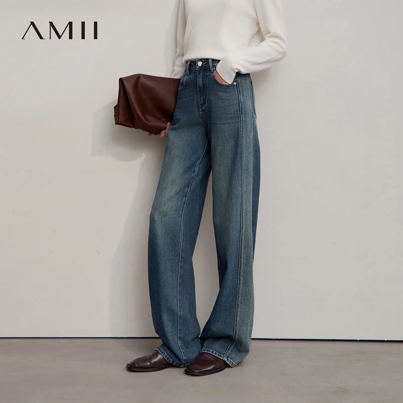 

AMII Women's Jeans Wide-leg Straight Retro Denim Women's Pants 2025 Autumn New Minimalist Versatile Ladies Clothing 12553070
