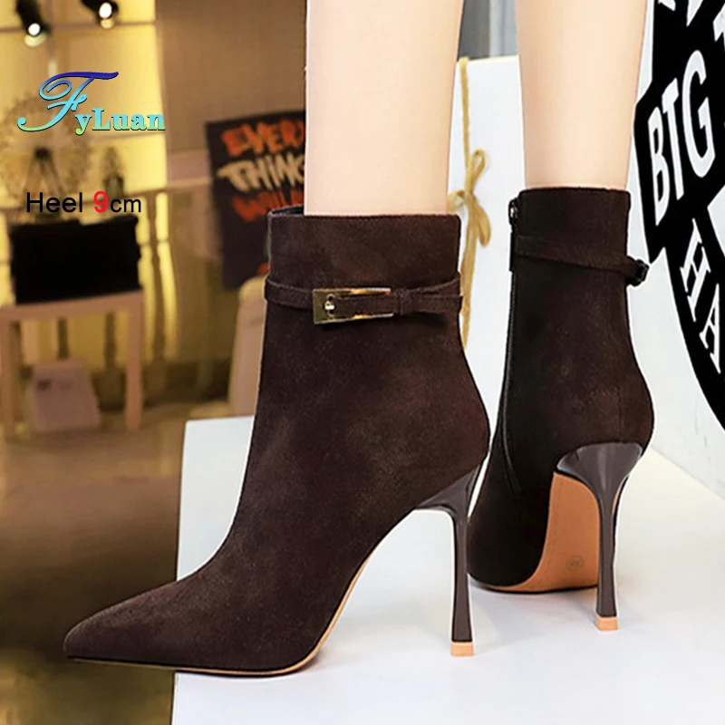 جديد ربيع الخريف خنجر الجلد المدبوغ أحذية بوت قصيرة للنساء 9 سنتيمتر عالية الكعب موضة أنيقة نمط تنوعا الإناث أشار تو الأحذية