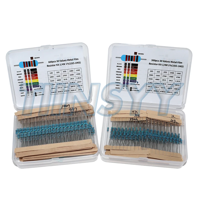 Kit de Resistores de Filme Metálico 1% 1/4W, 10Ohm ~1M Ohm, 30 Valores, Componentes Eletrônicos