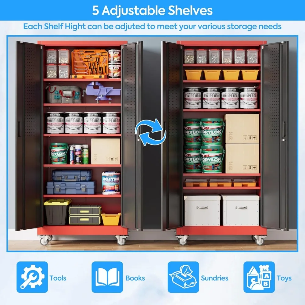 Gabinete de almacenamiento de metal con cerradura ajustable de 5 estantes con ruedas, 71 alto x 32 ancho x 16D, almacenamiento de garaje con ganchos y tablero perforado