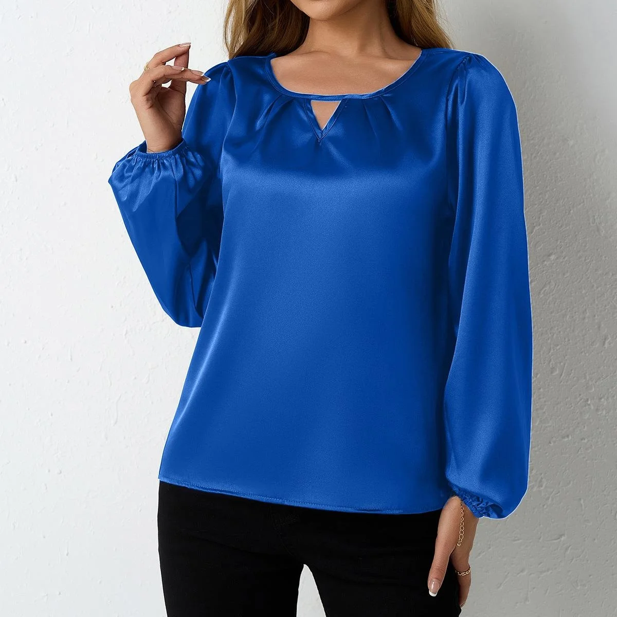 

Women's Satin Long Sve irt Silk Simulation Pleated Drapey Top Thin Non-deformable Commute Sle Pure Color Busin Wear