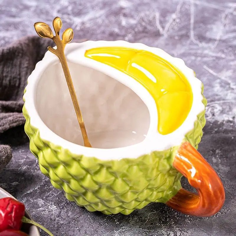 Pineapple Mug Ceramic Creative Hand-Painted Green Cartoon Durian Shape with Lid Strange Funny Girl Birthday Gift Practical Boy