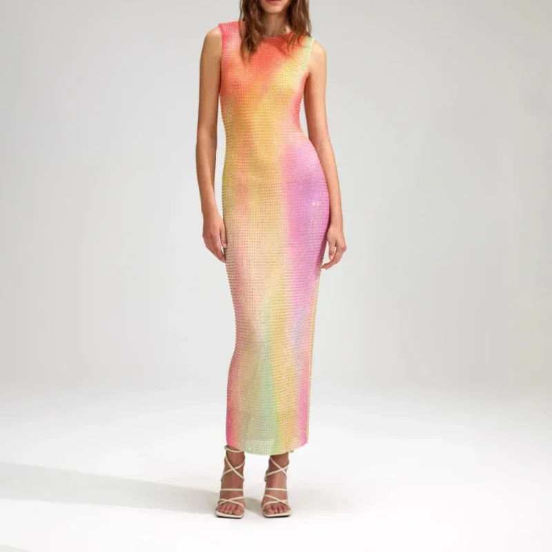 

Top Quality 2023 Spring Summer Beach Style Gradient Bodycon Crystal-studded Rainbow Ombré Sleeveless Woman Midi Dress