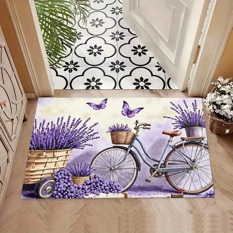 Vintage Lavender Bicycle Purple Butterfly Floral Print Doormat Anti Slip Floor Mat French Country Farmhouse Front Entrance Mat