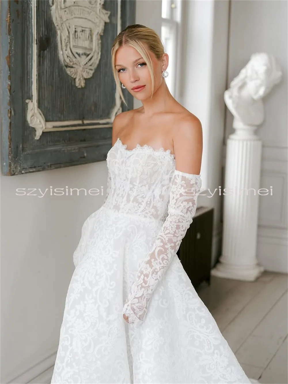 Strapless Charming Full Lace Wedding Dresses A Line Sleeves Bridal Gown Custom Made 2026 Evening Gowns