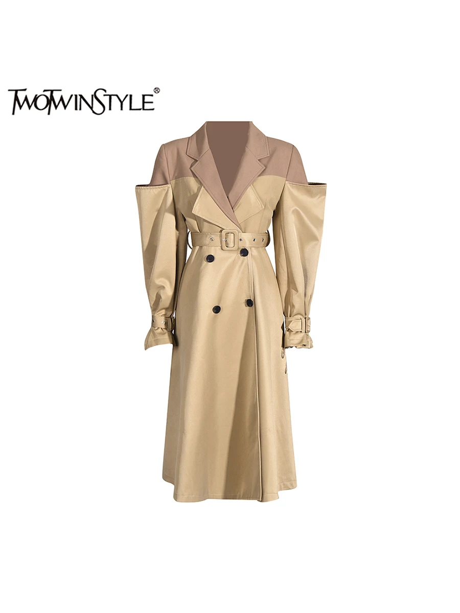 

TWOTWINSTYLE Colorblock Casual Trenches For Women Notched Collar Long Sleeve Patchwork Belt Long Coats Female Fashion Autumn New