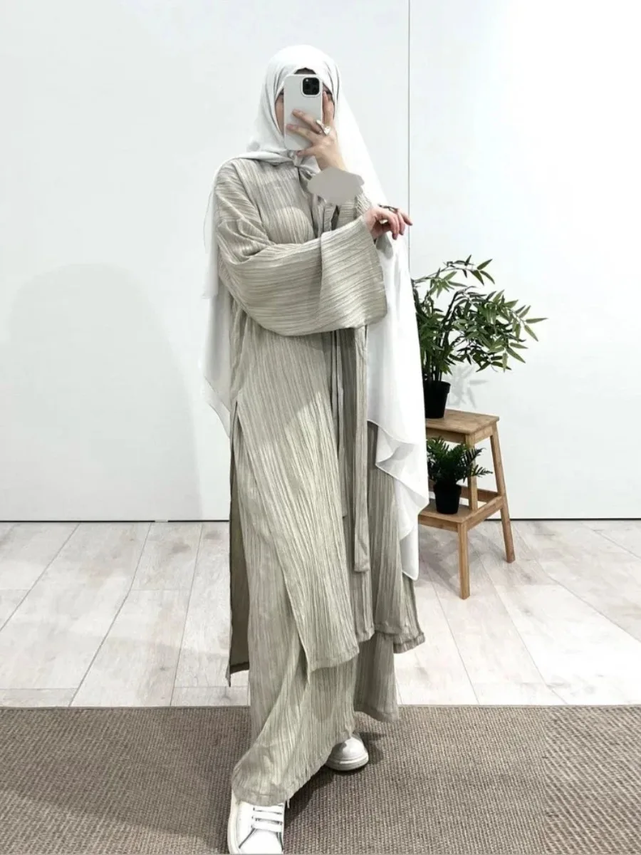 Modest Eid Muslim Women Sets Ensemble Two Pieces Single Breasted Button Shirt Solid Blouses & Skirt Suits Arab Islam Spring 2024