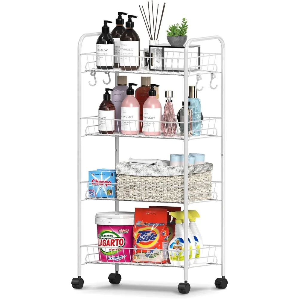 

4 Tier Rolling Cart with 360° Wheels, Snack Cart, Removable Wire Baskets, Metal Utility Storage Rack for Kitchen, Bathroom, Lau