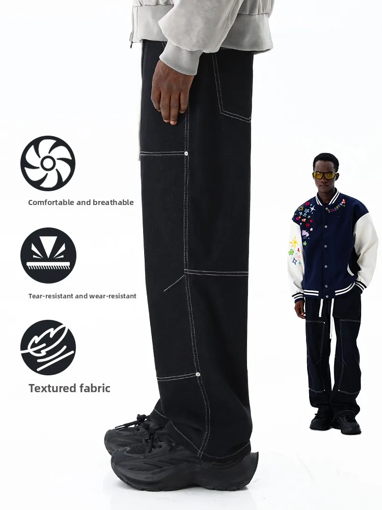 

MMOPTOP Men's Casual Straight Leg Jeans mid Waist Cotton Stretch Treaent Wear Resistant Loose Fit Bla Denim Trousers