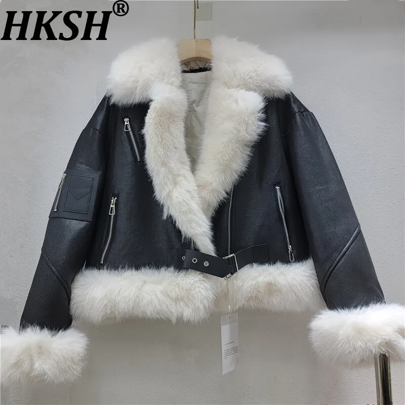 

HKSH 2025 Winter New Women Short Wadded Coat Faux Fur Spliced PU Leather Contrast Color Elegant Trendy Streetwear Jacket HK13341