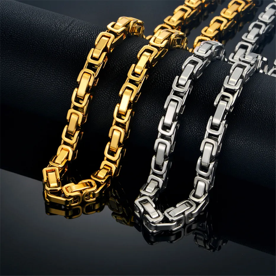 Hot Sale 2 Pcs/Set Hip Hop Classic Men\'s Jewelry Set Gold Plated Heavy Thick Stainless Steel  Byzantine Chain Necklace Bracelet