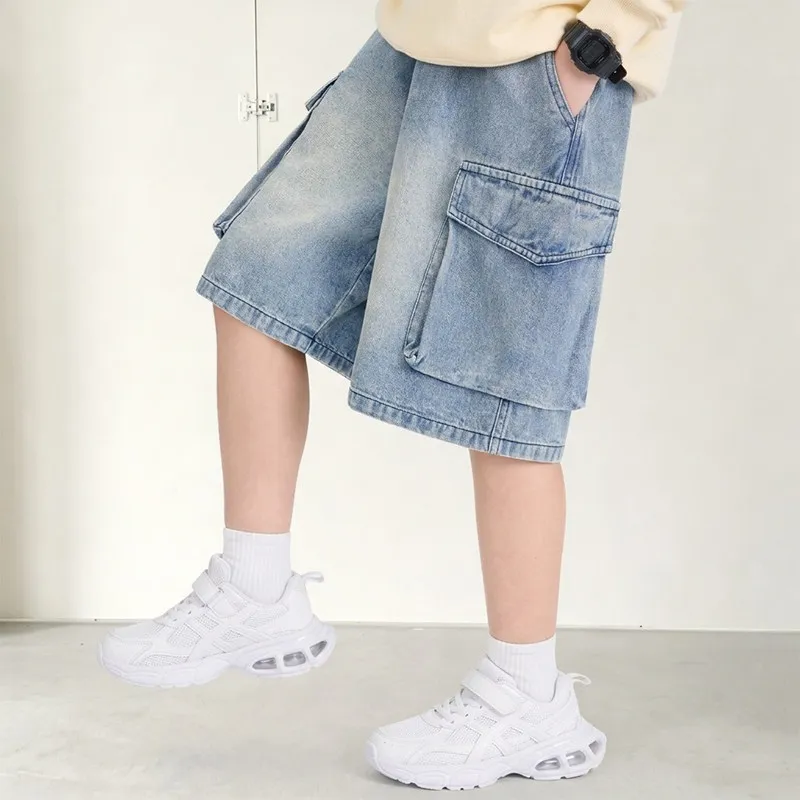 Boys Shorts Kids Pants Jeans Thin 2026 New Boys Large Pocket Summer Five Point Mid Length Shorts Outer Wear