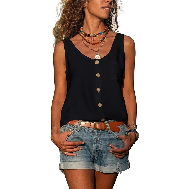 

Summer New Women's Color Vne Vest irt Loose Fit Button Detail Splice Polyester Fiber No Sve Pure Color Casual Top