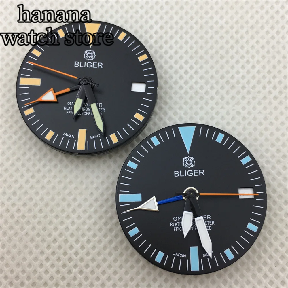 Bliger 29มม. หน้าปัดสีส้ม, หน้าปัดสีฟ้า GMT สีเขียวเรืองแสงเหมาะสำหรับ NH34เคลื่อนไหวหน้าต่างวันที่อัตโนมัติ
