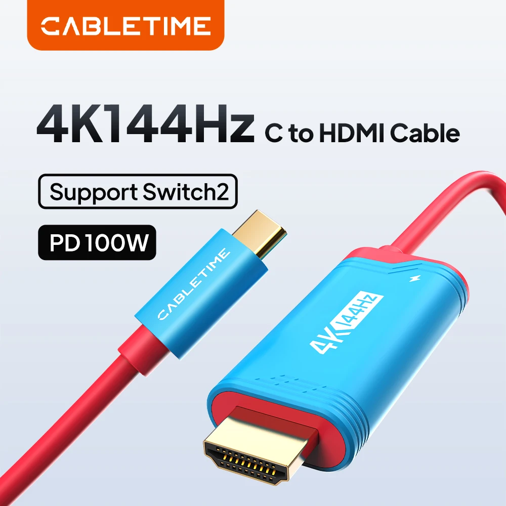 

Кабель CABLETIME PD 100W USB-C - HDMI, 4K144Hz, адаптер Type-C - HDMI, идеально подходит для Switch 2/1 OLED, PS4/5, Nintendo