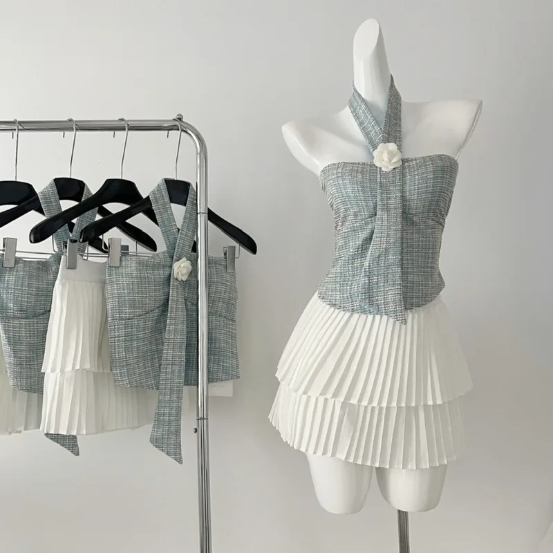 High Quality Summer Fashion Small Fragrant 2 Piece Set Women Sexy Camisole Top + Pleated Skirt Suits Korean Sweet Two Peice Sets