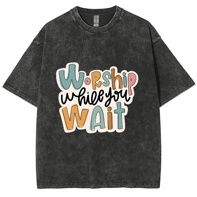 Worship Wait Y2K Washed Short Sleeves T-shirt, Printed Creative Casual Unisex Oversized Vintage Streetwear Fashion Plus-Size Tee