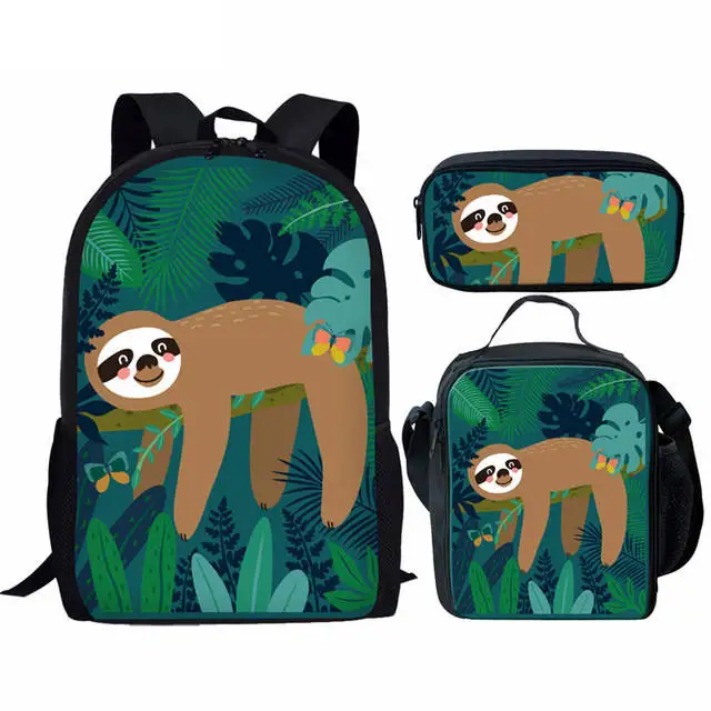 Cartoon Sloth 3 Piece School Bag with Lunch Box Pencil Case Stylish Animal Print Backpack for Teenagers Girls Boys School Bags