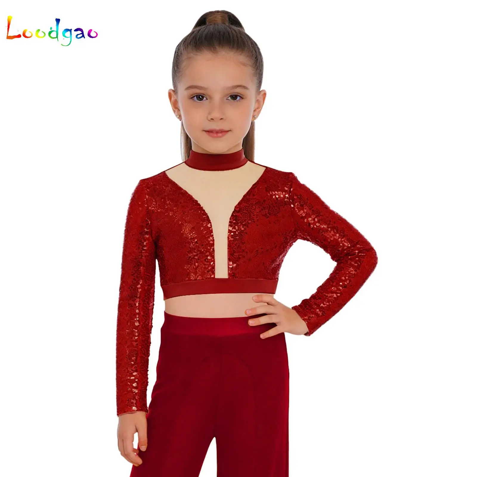 

Kids Girls Jazz Dance T-shirts Crop Top Contemporary Lyrical Dance Costume Mesh Long Sleeve Patchwork Shiny Sequins Tshirts