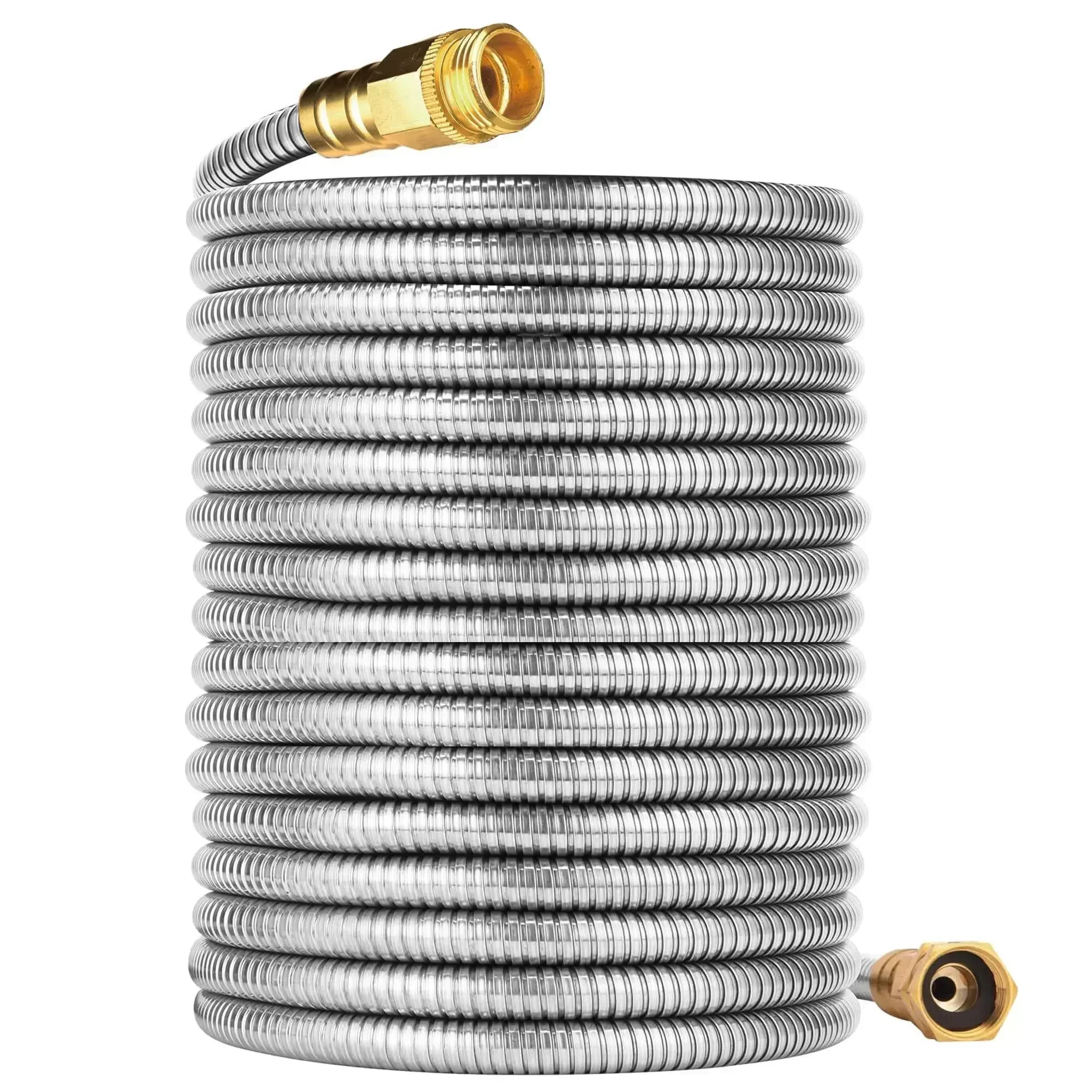 304 Stainless Steel Metal Garden Hose with Brass Fittings, Heavy Duty Water Hose, Kink Free and Flexible, Crush Resistant, Punct