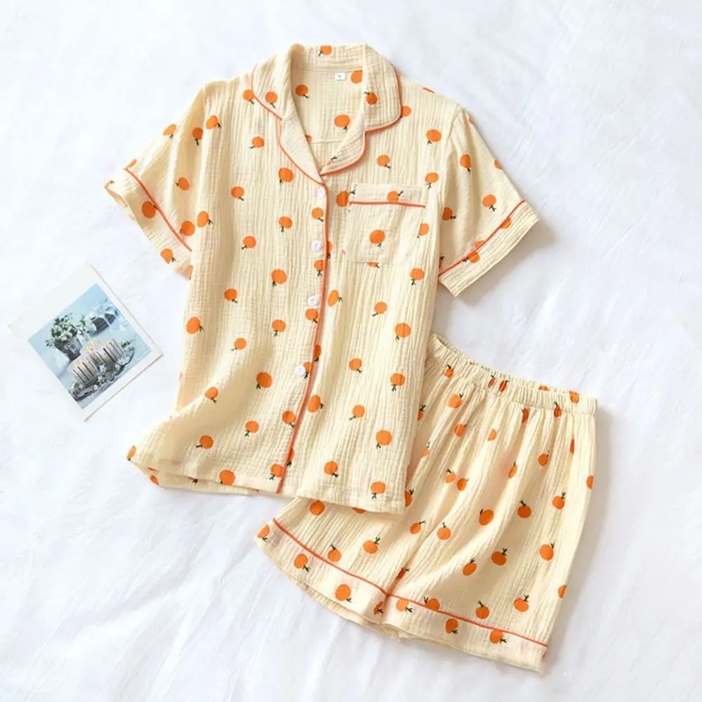 Pyjama Fruits mignon à col en v, vêtements de maison amples, ensemble chemise de nuit Orange, manches courtes, vêtements de nuit deux pièces pour filles