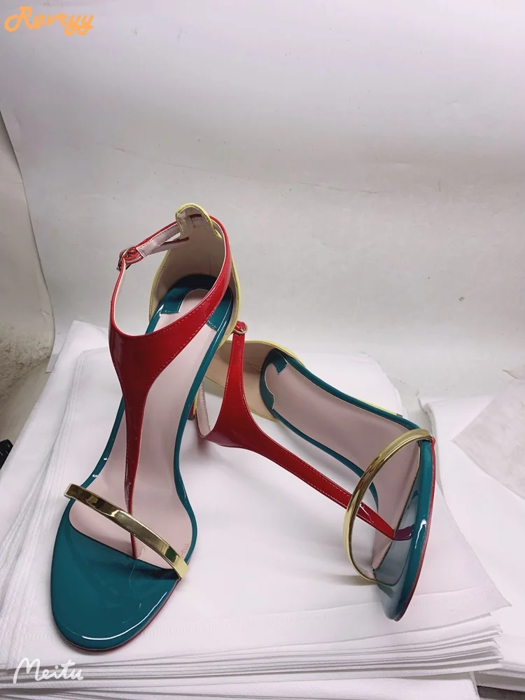 

Mixed Color Fashion Sandals Cross Strap Patent Leather Colorful Stiletto Heel Women's Shoes T-tied Cover Heel Open Toe Sandals