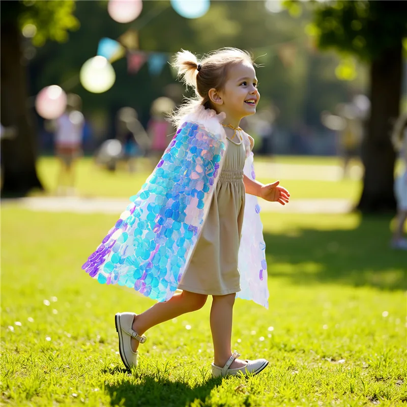 

Накидка-русалка для девочек со светодиодными лампочками, блестящими пайетками, дизайном в виде рыбьей чешуи, аксессуары для костюма принцессы, детский костюм для дня рождения