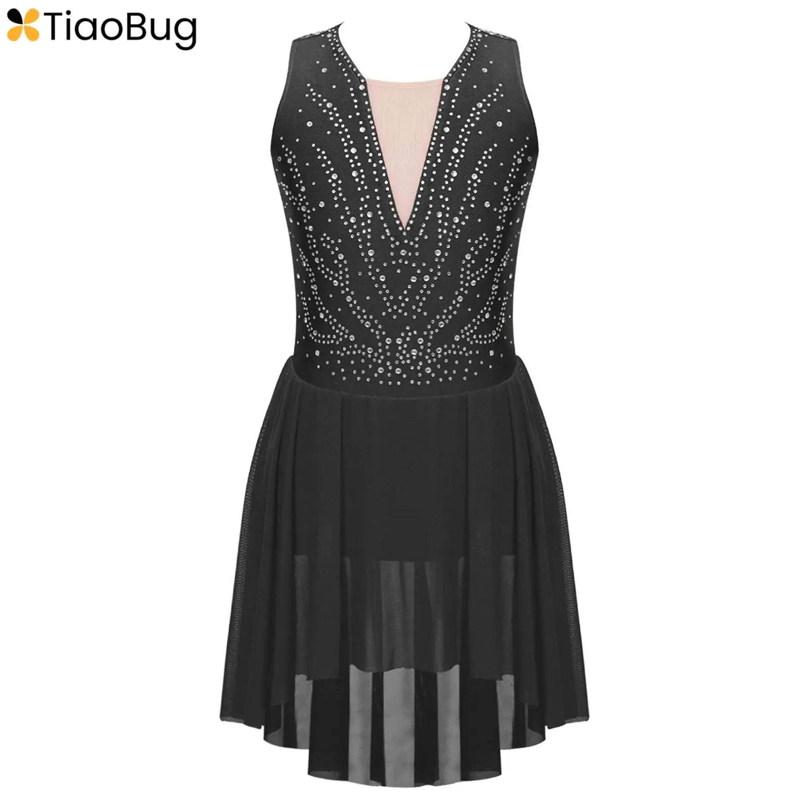 

Kids Girls Figure Skating Dress Rhinestone Strappy Back Sleeveless Dance Dresses for Lyrical Dance Gymnastics Stage Performance