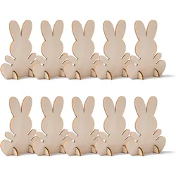 10pcs Unfinished Wooden Easter Bunny 3D Rabbit Wooden Stand Ornament Cutouts Craft for DIY Painting Table Decoration