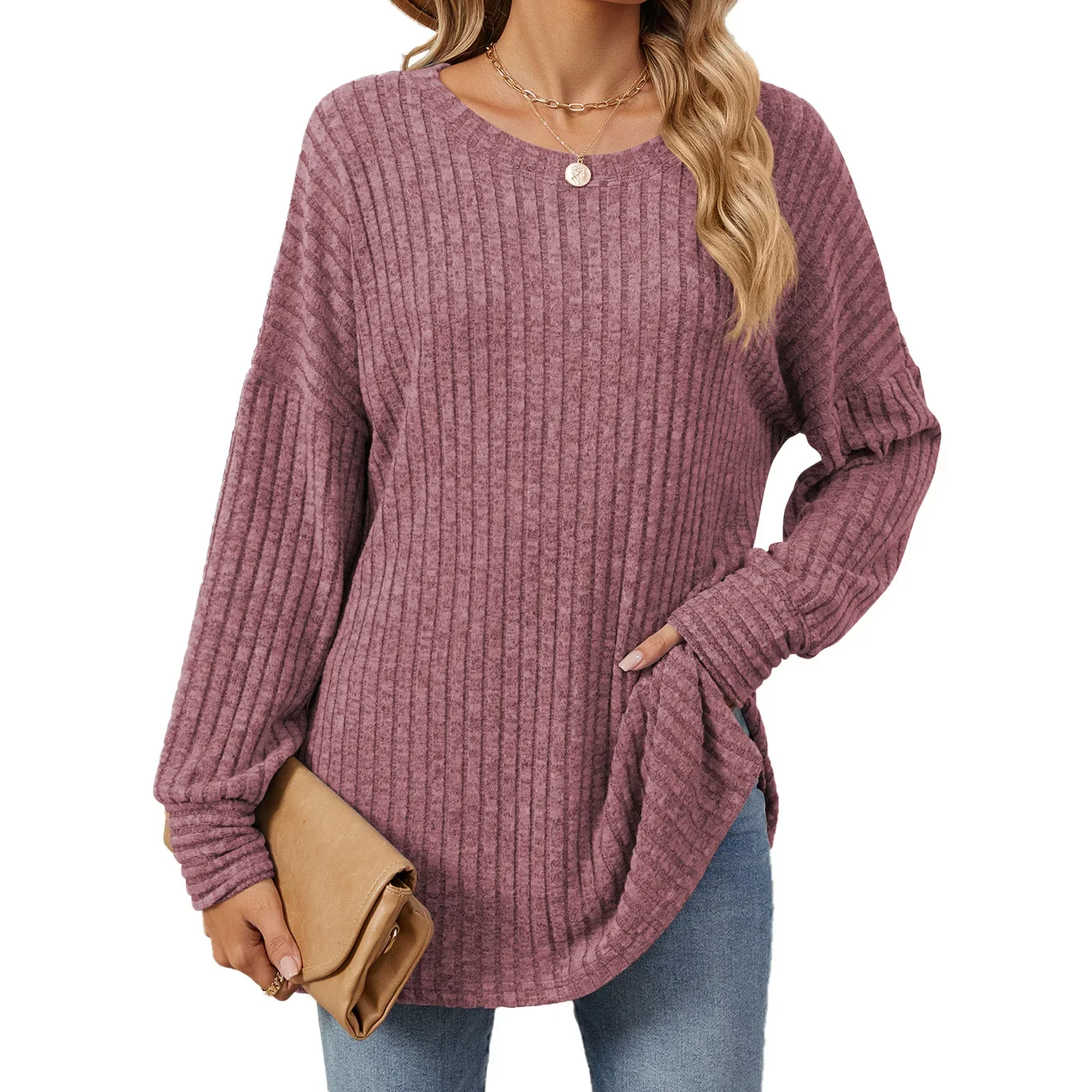 

Women Long Sleeve Sweater Shirt Tops Split Hem