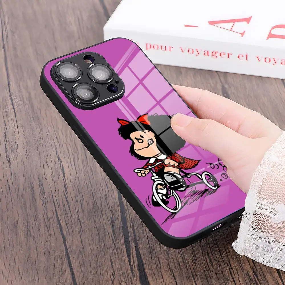 MINISO-Hot M-Mafalda Girl Phone Case For IPhone 15 Pro 16 15 14 13 12 11 Mini X XS XR Max 6 8 Plus SE 2024 Glass Design Cove