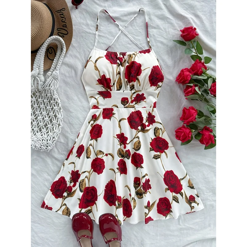Women'S Floral Print Backless Halter Neck Crisscross Front Dress With Adjustable Waist Tie & Spaghetti Straps, Summer Red R
