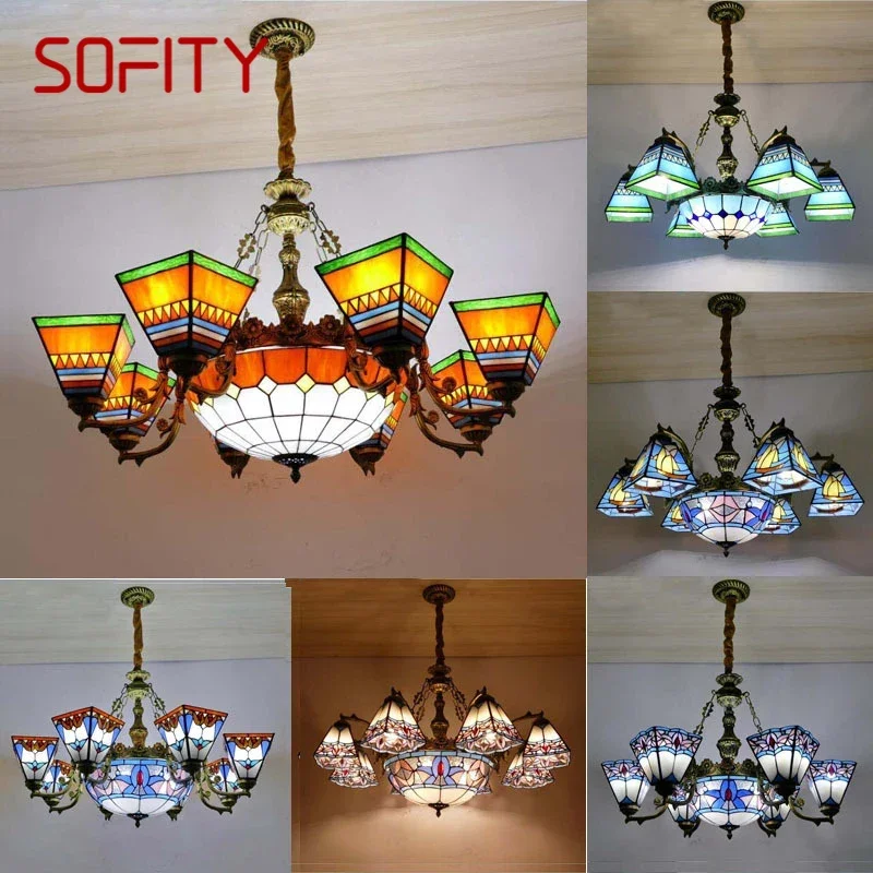 

SOFITY Tiffany European Living Room Pendant Lamp American Chandelier Bedroom Restaurant Bar Caf é Colour Glass Chandelier