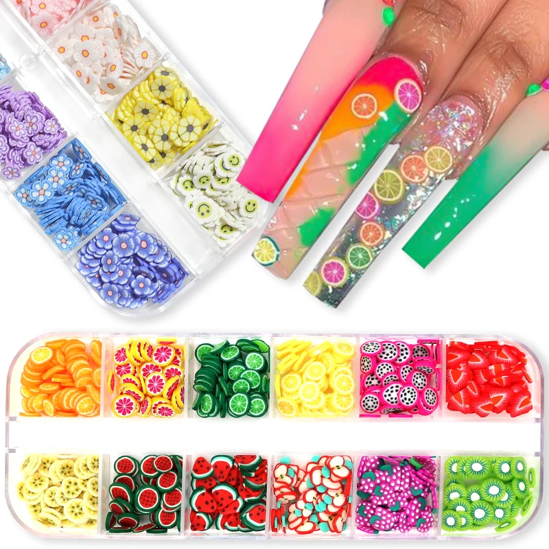 

12 Designs Nail Art Cute Fruit Slice 3D Polymer Clay DIY Decorations Colorful Sticker Polish Manicure Nails Charms Accessories