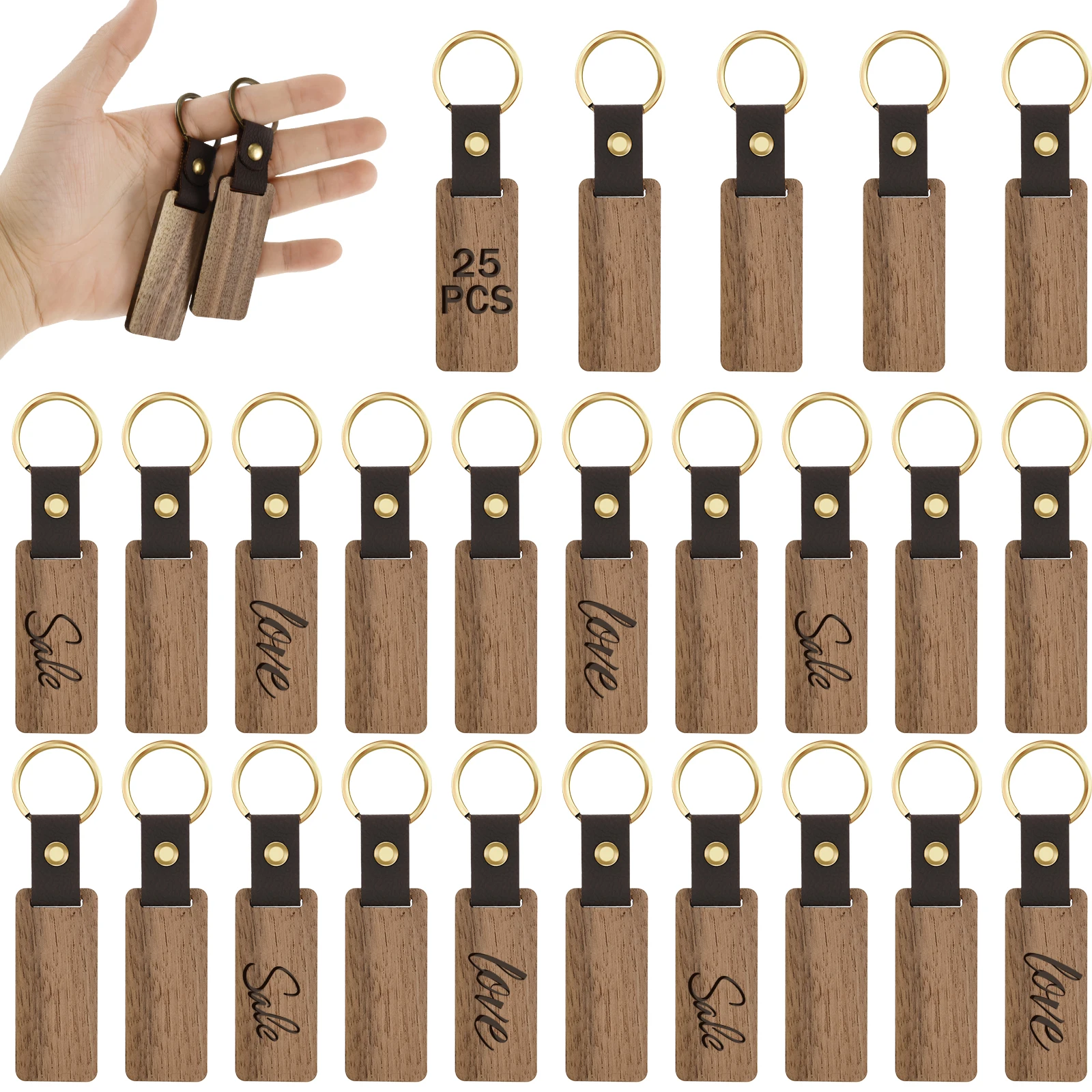 

25/50Pcs Wooden Keychain Blanks DIY Blank Keychains with Leather Straps Walnut Wood Keyring Blanks Unfinished Wooden Keychains