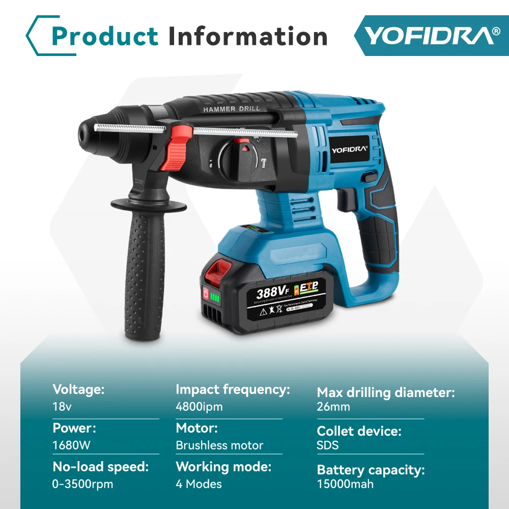 YOFIDRA 26mm Cylinder Brushless Motor Electric Hammer Drill with Drill Bits.for Makita 18V Battery Cordless Impact Rotary Drill