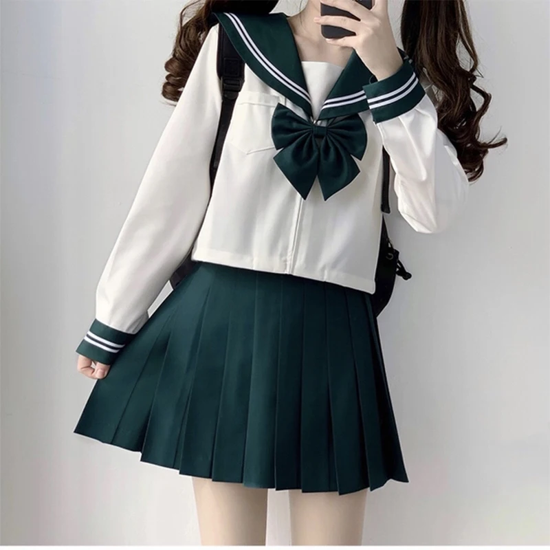 Japanese School JK Uniform Girl S-XXL Kawai Green Bow Sailor Neck Shirt Pleated Skirt Suit Women Preppy Style Halloween Clothing